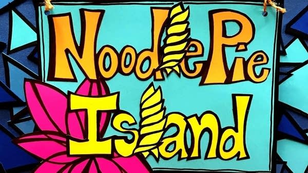 An illustration with letters, "Noodle Pie Island"