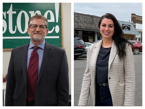 Side-by-side images. On the left, a man in a suit poses for a photo. On the right, a woman in a gray jacket poses outdoors.