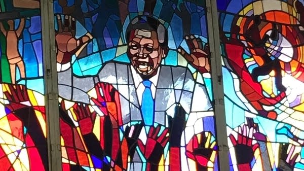 Poster Image of Nelson Mandela in a stained glass window