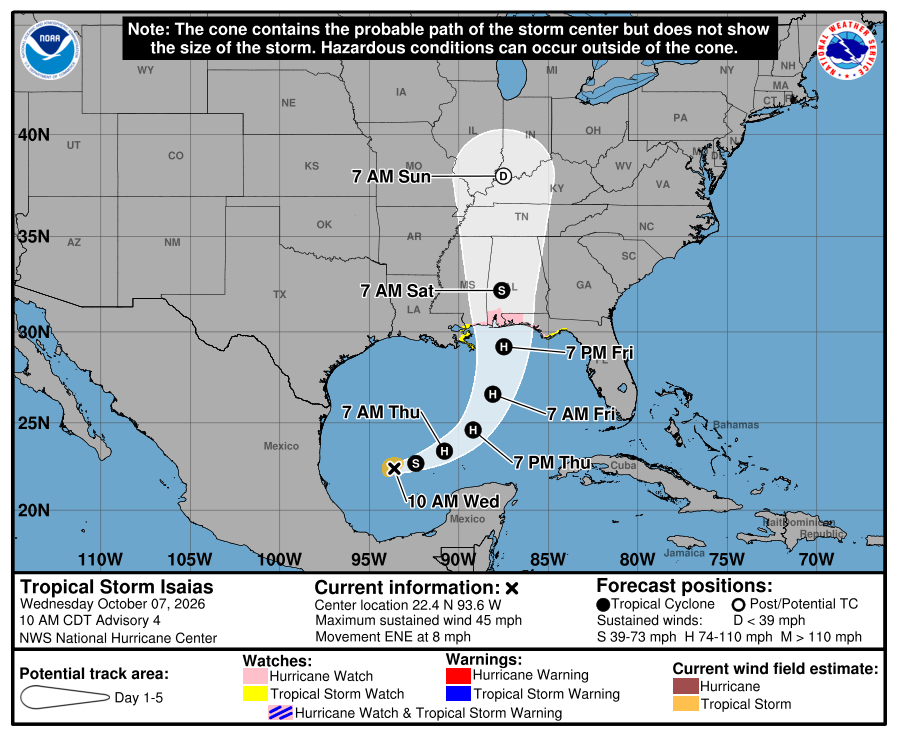 Probable storm path for Tropical Storm Isais