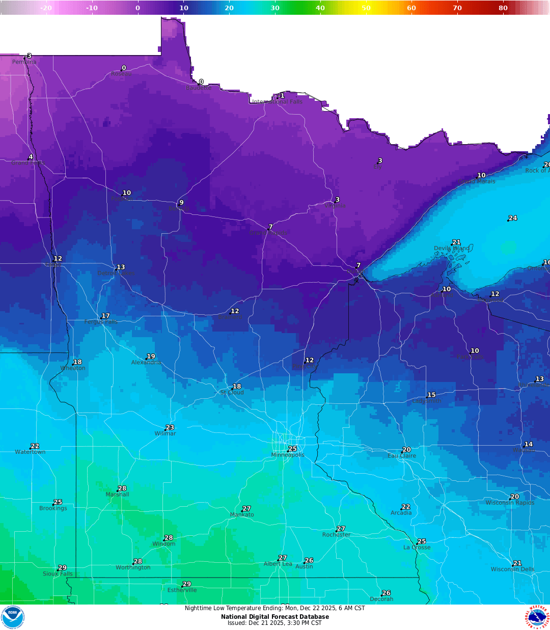 Lows for Sunday night