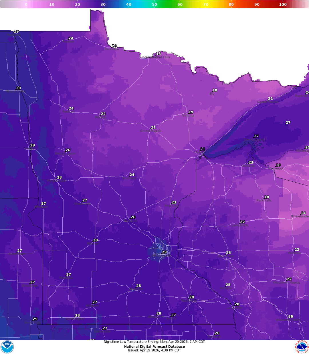 Lows for Sunday night