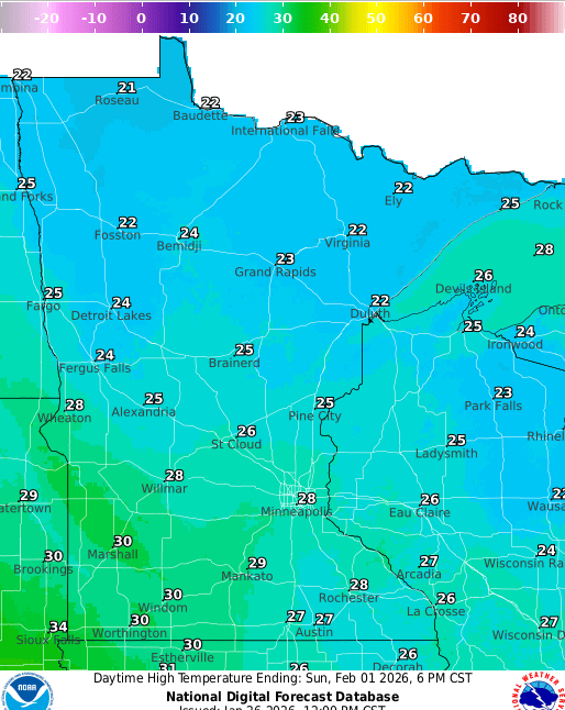 Forecast high temperatures Sunday
