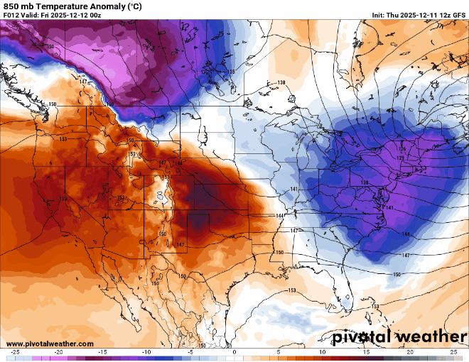 850 millibar temperature anomalies for Thursday night through Sunday night