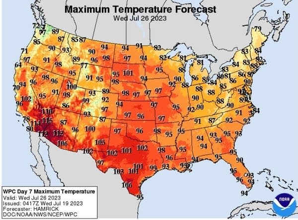 Forecast high temperatures for Wednesday