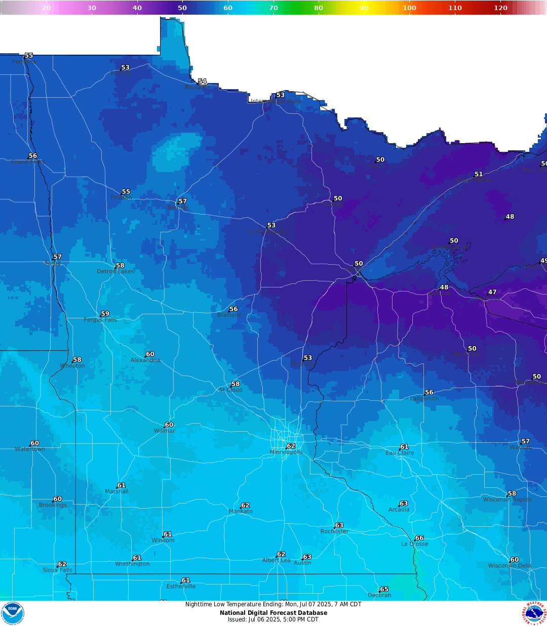 Lows for Sunday night