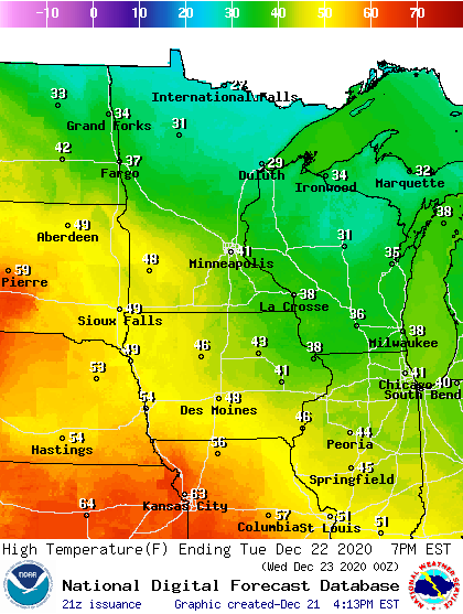 Forecast high temperatures Tuesday