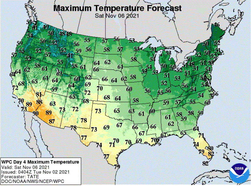 Forecast high temperatures for Saturday