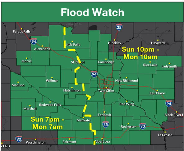 Flood watch issued ahead of Sunday night rainfall