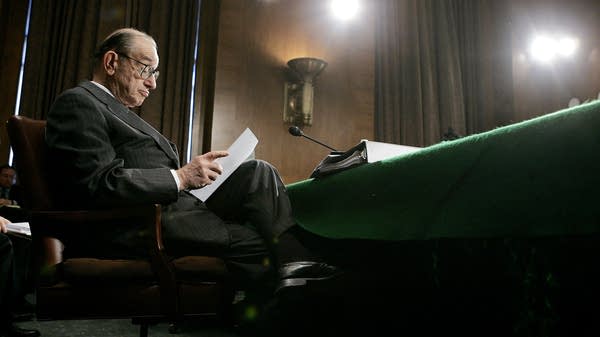 Above, then Federal Reserve Chairman Alan Greenspan during a Senate Banking, Housing, and Urban Affairs Committee hearing in April 2005.