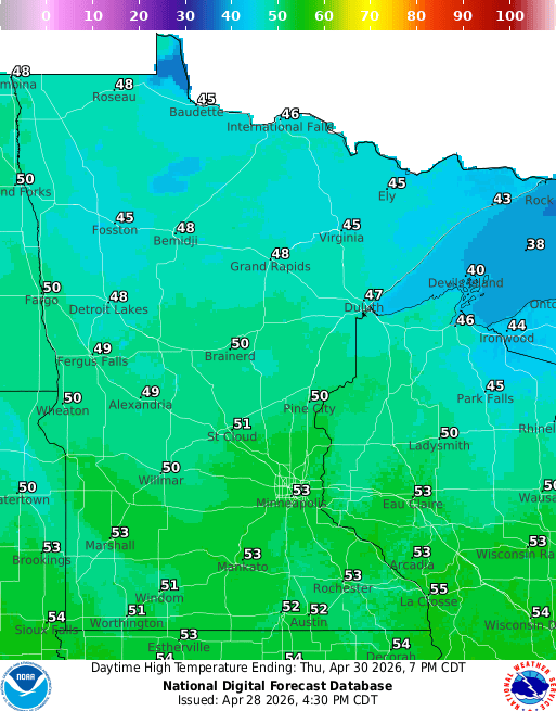 Forecast high temperatures Thursday