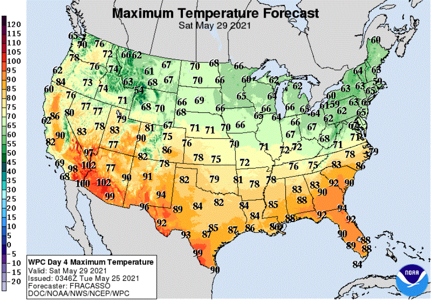 Forecast high temperatures Saturday afternoon