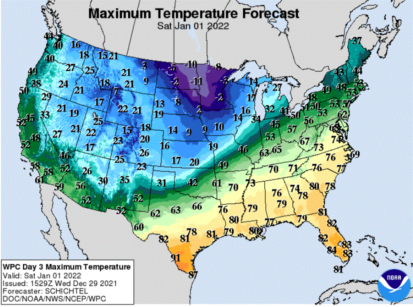 Forecast high temperatures for Saturday