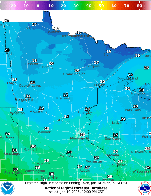 Forecast high temperatures Wednesday