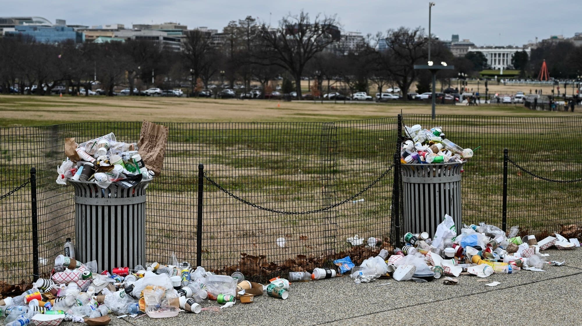 Trash lays uncollected on the National Mall