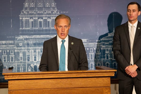 Minnesota Secretary of State Steve Simon addresses the media