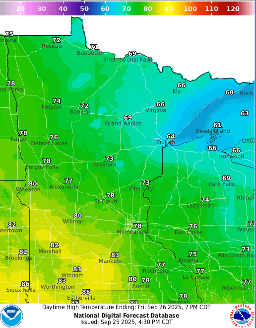 Forecast high temperatures Friday