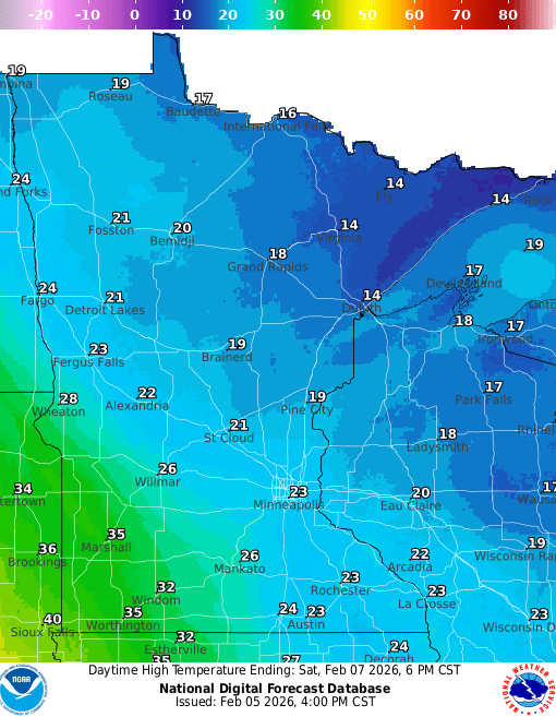 Forecast high temperatures Saturday