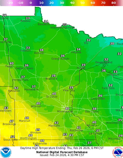 Forecast high temperatures Thursday