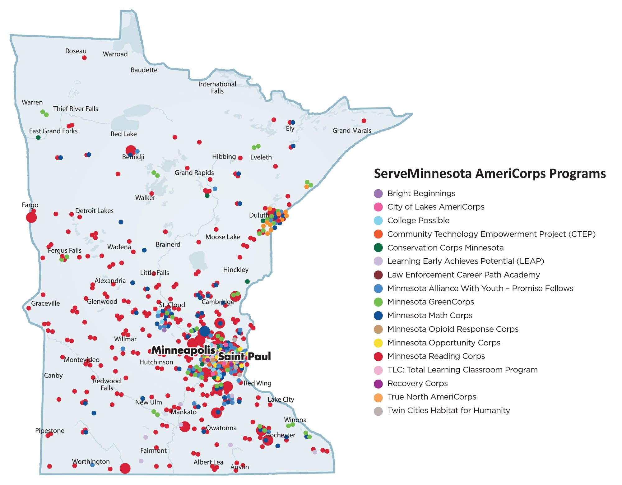 Map showing the location of the ServeMinnesota AmeriCorps programs