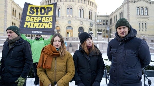 A demonstration against seabed mining outside the Norwegian Parliament building in Oslo on Tuesday.