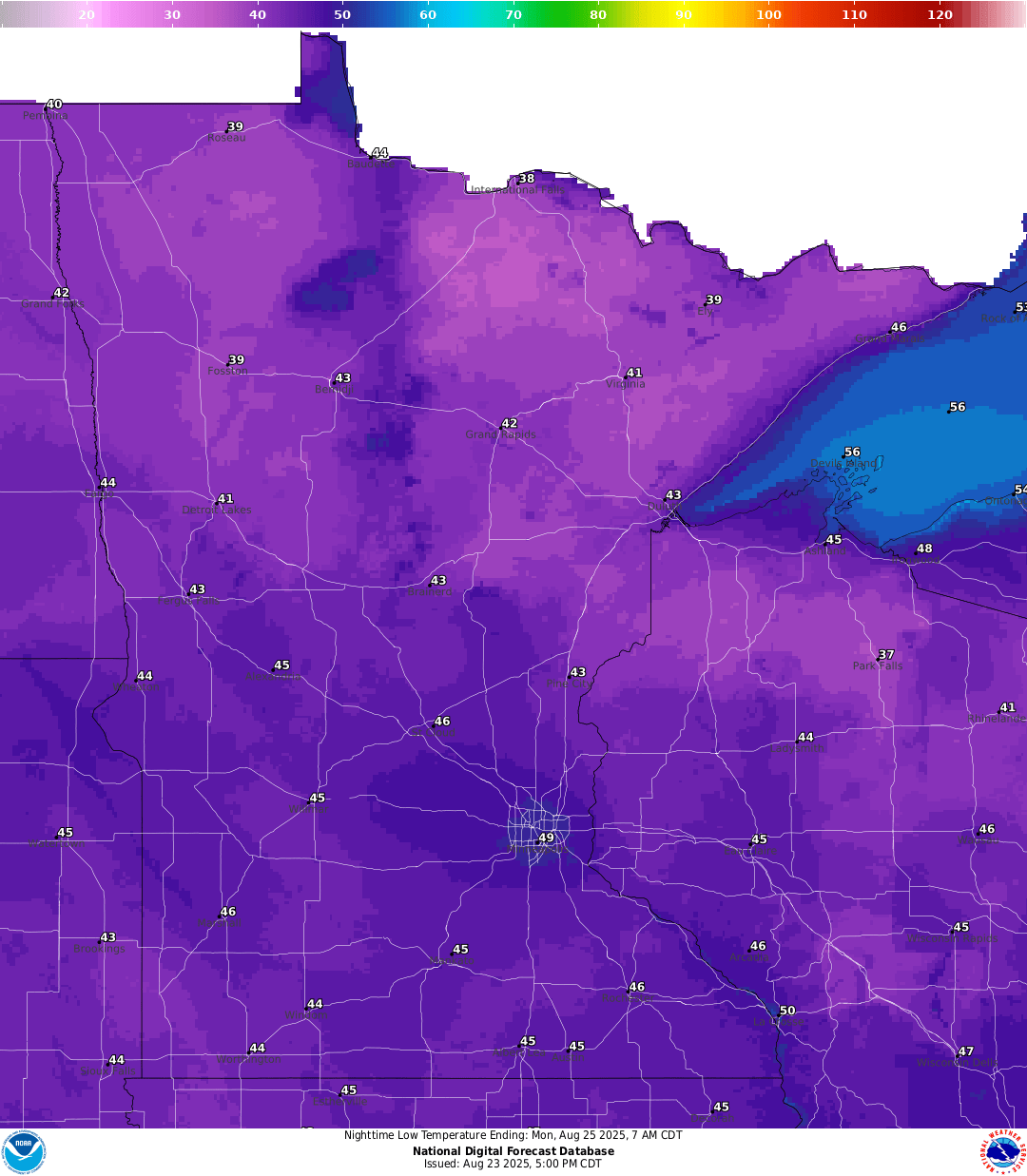 Lows for Sunday night