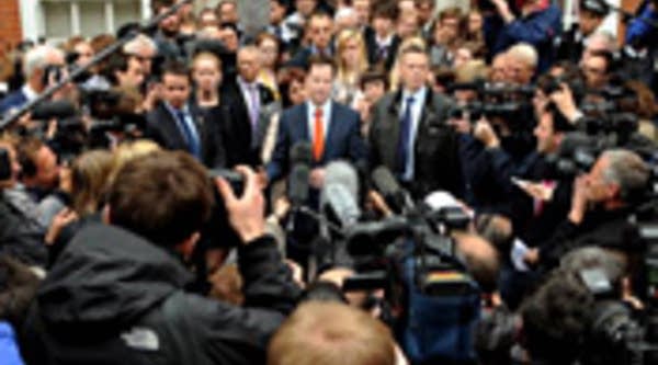 British opposition Liberal Democrat Leader Nick Clegg speaks to the media after returning to the Liberal Democrat headquarters in London -- May 7, 2010.