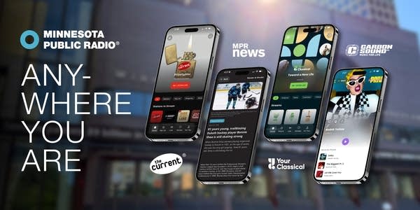 All MPR apps display on a screen over a background of a building.