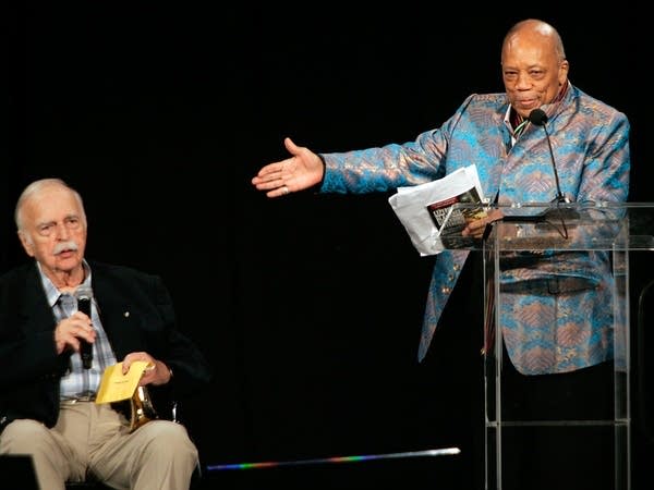 Bruce Swedien and Quincy Jones onstage together, speaking at the Pensado Awards for audio engineering in Culver City, Calif. in 2015.