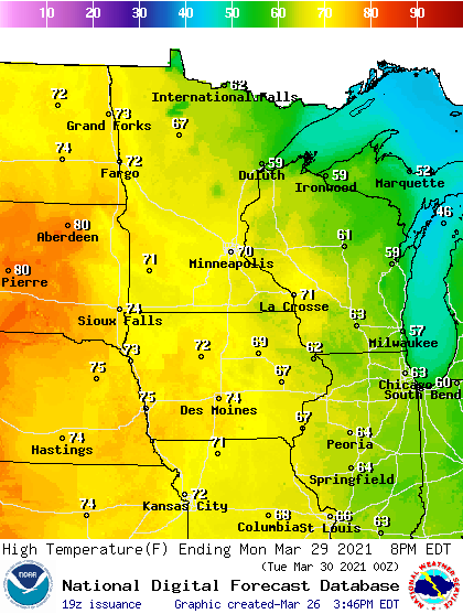 Forecast high temperatures Monday March 29