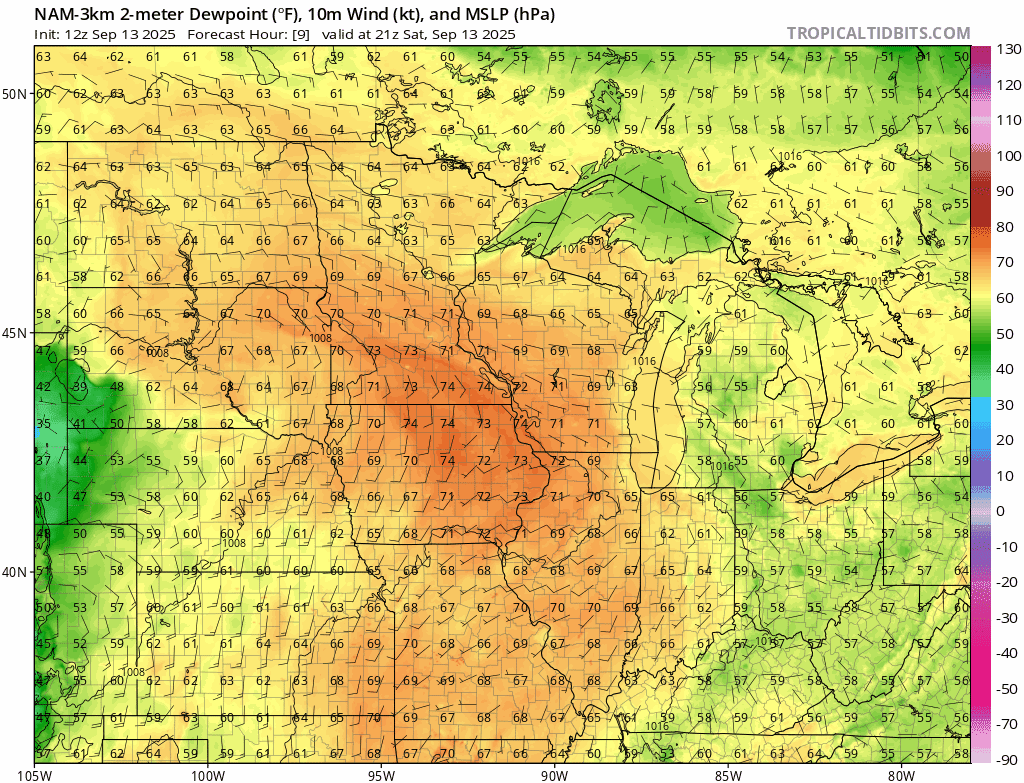 NOAA NAM 3 km model dew points
