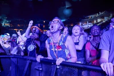Music fans cheer and applaud a musician's performance
