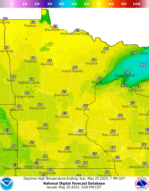 Forecast high temperatures Sunday