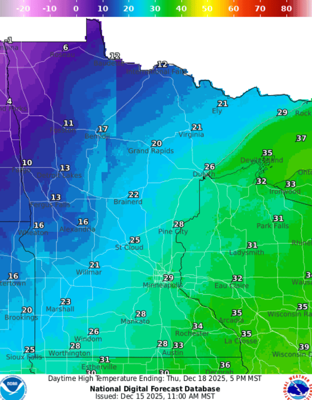 Forecast high temperatures Thursday