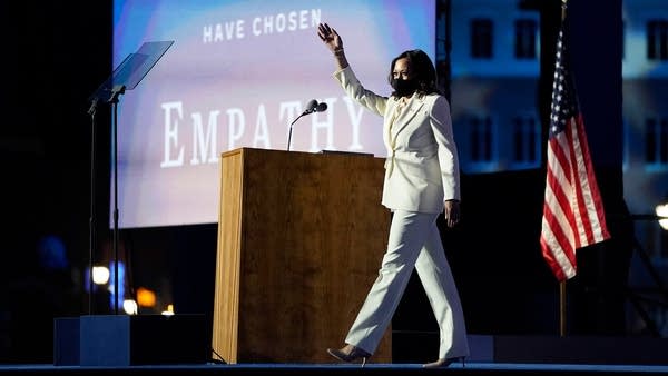 Vice President-elect Kamala Harris takes the stage on Nov. 7, 2020, in Wilmington, Delaware.