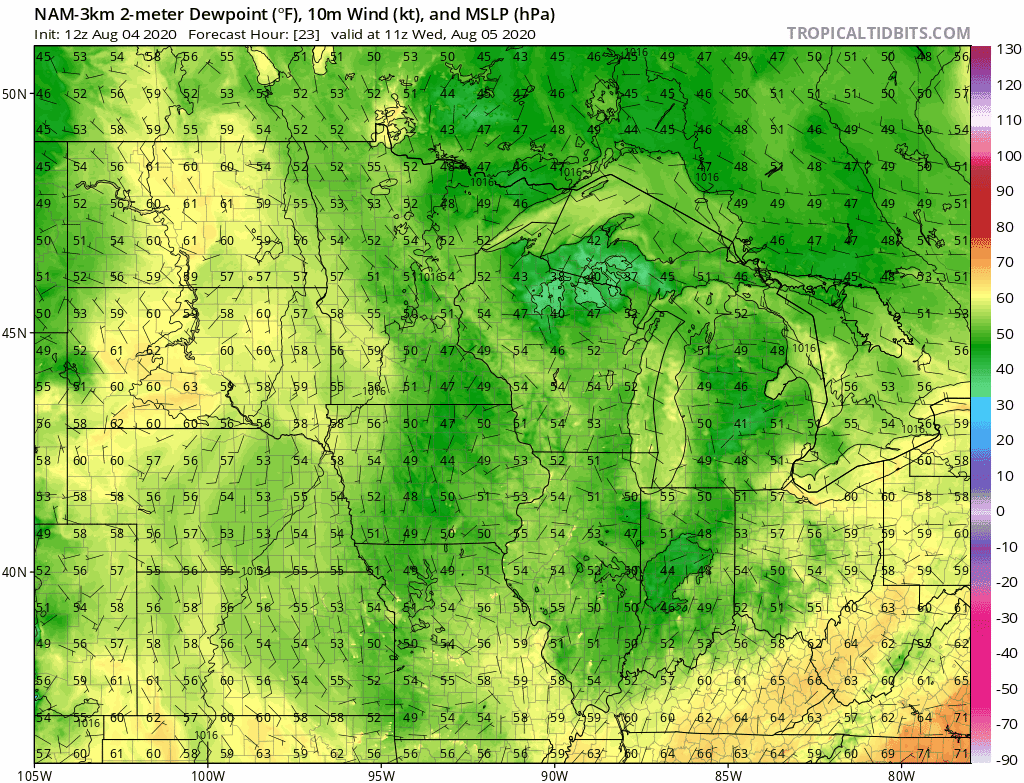 NOAA NAM 3 km model dew point output Wednesday and Thursday