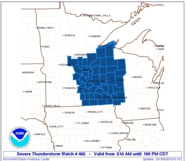Severe t-storm watch includes Twin Cities metro until 1 p.m.
