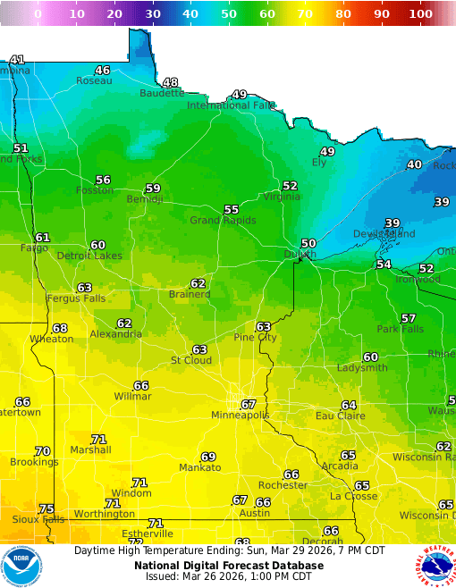 Forecast high temperatures Sunday