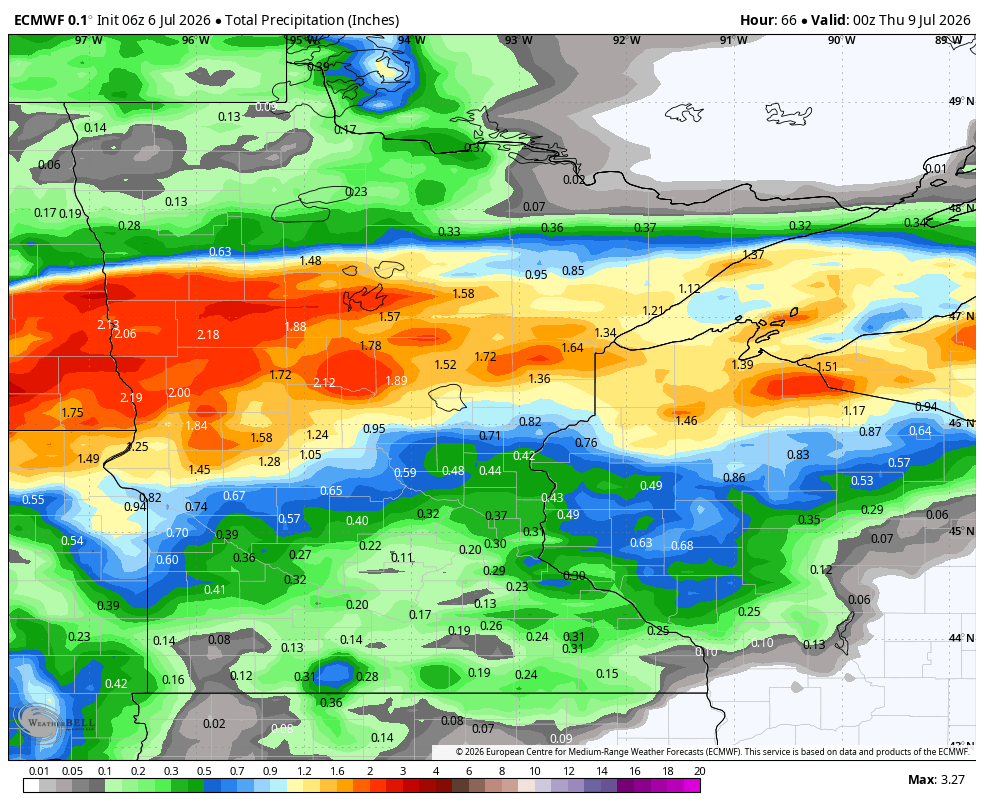 Total precipitation forecast through Wednesday 7 p.m.- European Centre for Medium-Range Weather Forecasts (ECMWF) model