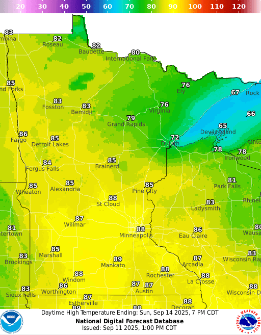 Forecast high temperatures Sunday