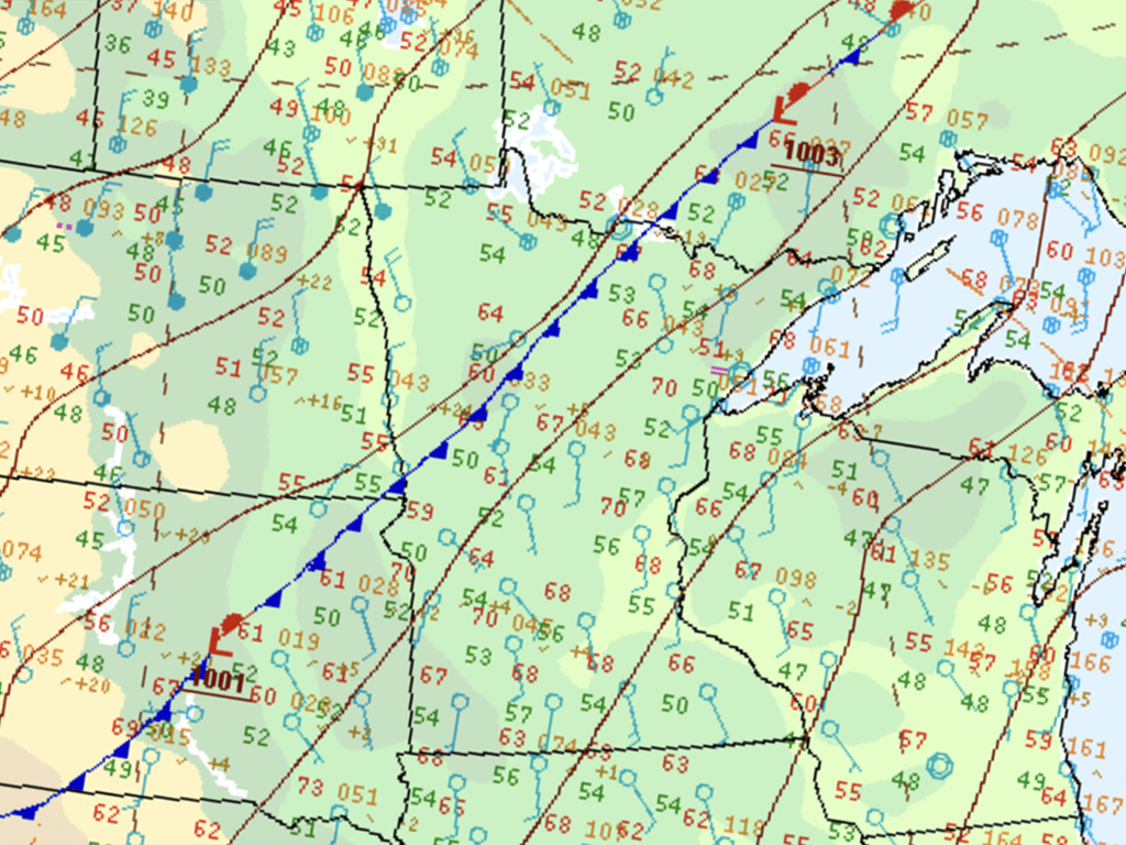 A map of Minnesota and surrounding states shows rain chances.