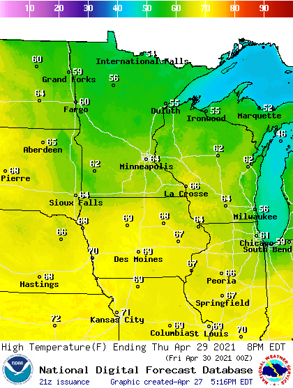 Forecast high temperatures Thursday