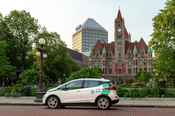 A vehicle parks outside of the Landmark Center in St. Paul.