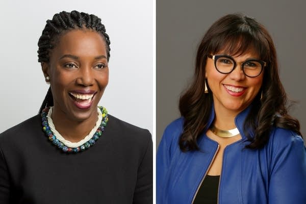 Composite image. On the left, a woman in a black shirt smiles at the camera. On the right, a woman in a blue jacket poses for a portrait.