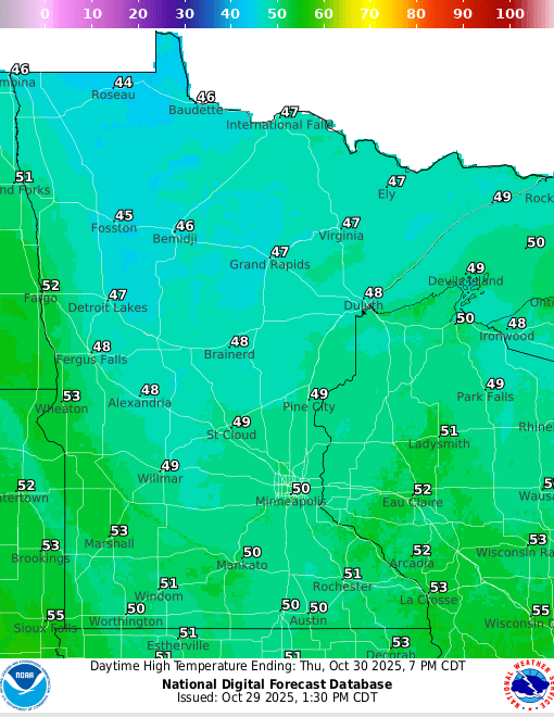 Forecast high temperatures Thursday