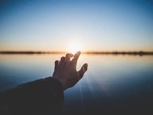 A hand reaches out in fading sunlight.