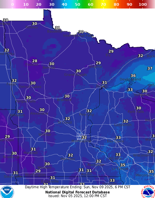 Forecast high temperatures Sunday