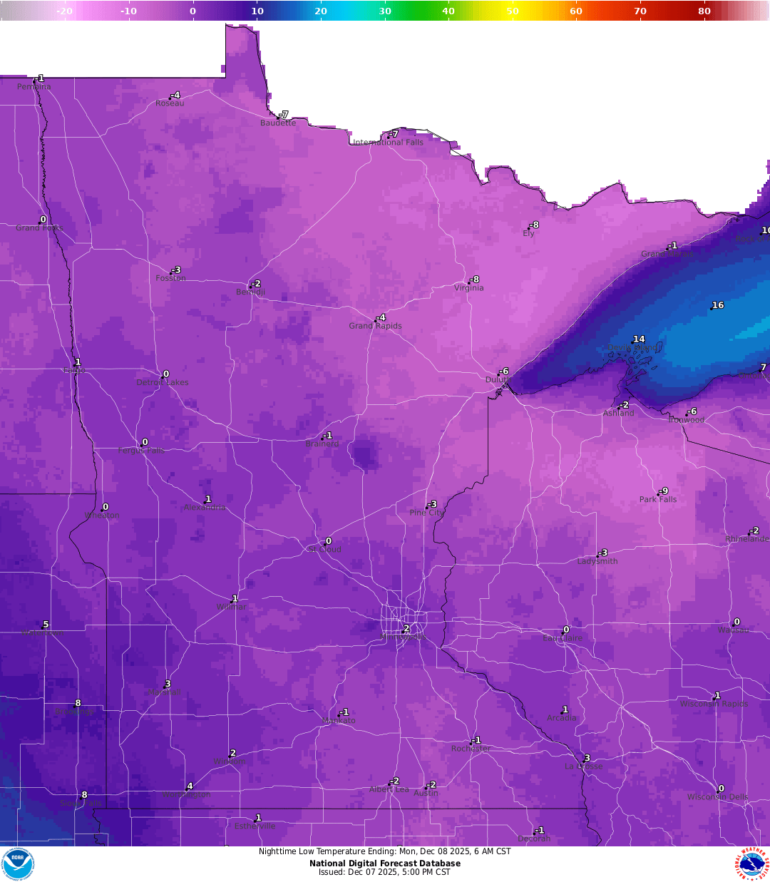 Lows for Sunday night