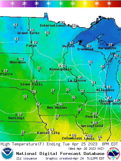 Forecast high temperatures Tuesday