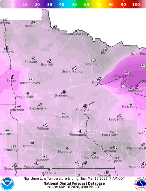 Forecast low temperatures Tuesday